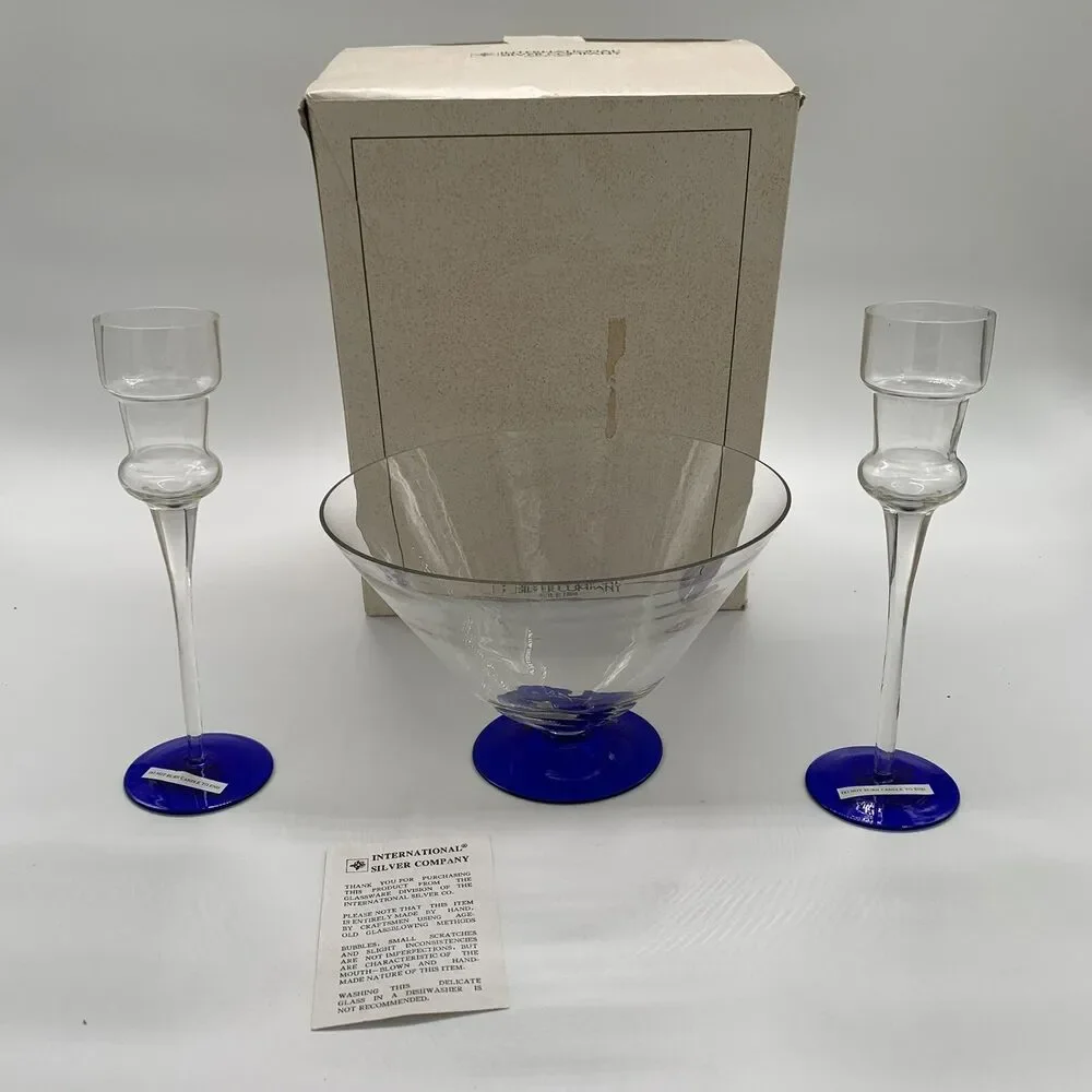 Vintage International Silver Company Crystal Glass Blue Candlesticks and Bowl